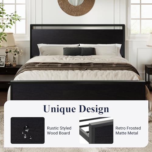 Full Size Bed Frame, Heavy Duty 12 Metal Slats Support, Black Oak
