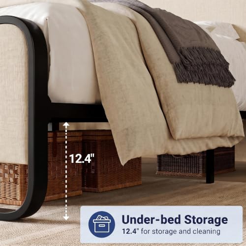 Queen Metal Bed Frame with Upholstered, Beige