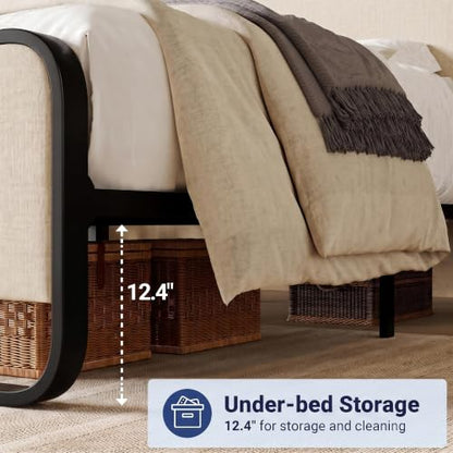 Queen Metal Bed Frame with Upholstered, Beige