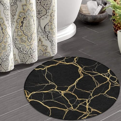 Men's Large Home Decor Mat, Soft Round Yoga Carpet, Non Slip Machine Washable Home Office Circle Rug Black Marble Gold Texture Art, 36inch