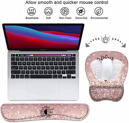Mouse Pad Wrist Support and Keyboard Wrist Rest Set with Coasters, She Believed She Could So She Did Inspirational Quote with Non-Slip PU Base Ergonomic Mousepad for Home Office Working Studying