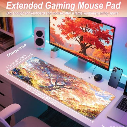 Gaming Mouse Pad 31.5x11.8 inch XL Large Extended Mouse Pad, Big Mousepad Desk Mat for Computer with Non-Slip Rubber Base and Stitched Edge-Maple Leaves