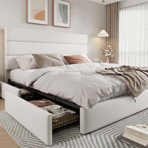 Modern King Size Platform Bed Frame with 4 Storage Drawers