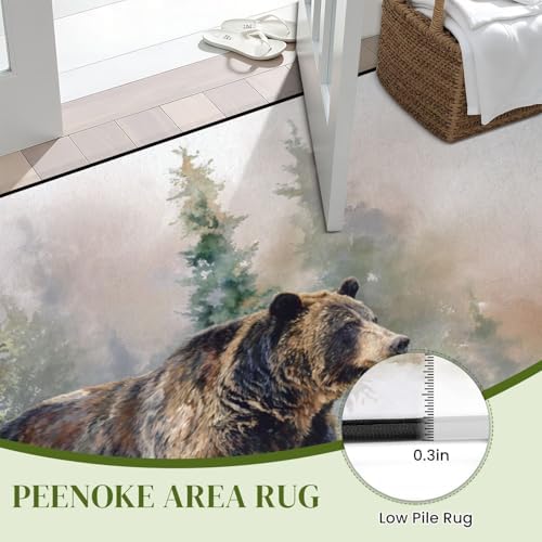 Peaceful Bear by Pine Trees Sunlit Moss Warm Tones Area Rug Outdoor Patio Rug Play Mat Modern Floor Carpet Non-Slip Home Decor Living Room Kids Bedroom Nursery, 6x9 ft