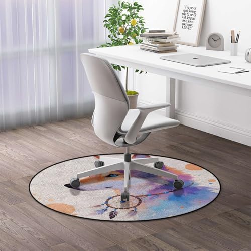 Wolf Watercolor Art Round Gaming Chair Mat for Hardwood Floors, Decorative Animal Illustration Anti-Slip Office & Desk Chair Protector for Rolling Chairs, Multicolor Diameter 51 in