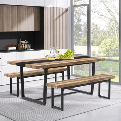 59" Farmhouse Dining Bench Pair 2, Wooden Bench Seat Kitchen Table, Brown