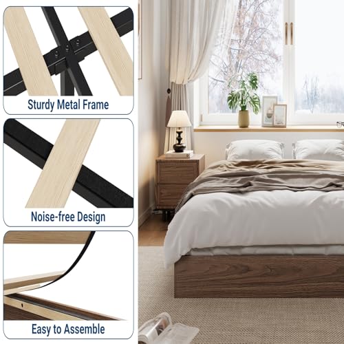 Queen Platform Bed Frame, No Headboard, Walnut Engineered Wood