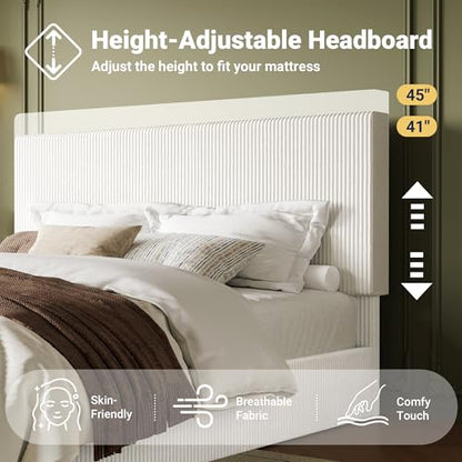 King Bed Frame, Adjustable Corduroy Headboard, Platform, White