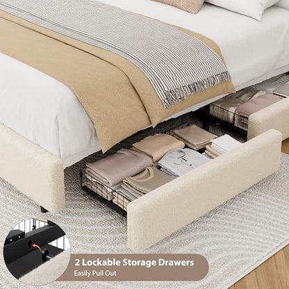 Queen Size Bed Frame with 2 Storage Drawer, Cream Beige