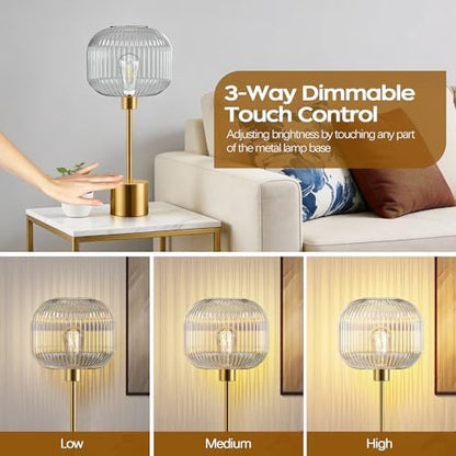 Glass Table Lamp for Living Room, Modern Gold Clear Bedroom Bedside Lamp