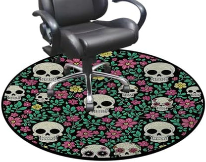 Dark Romantic Skull Round Gaming Chair Mat for Hardwood Floors, Gothic Nature Design Anti-Slip Office & Computer Desk Protector,Protect The Floor from Scratches, Green Diameter 59 in