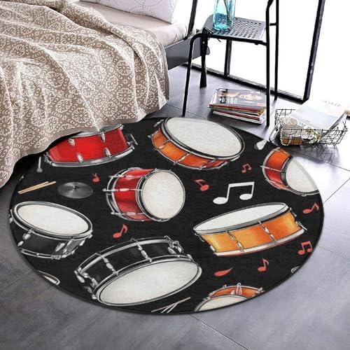 Fashion Round Area Rug Large Non Slip Carpet Unisex Home Decor Mat Black Drum Kit