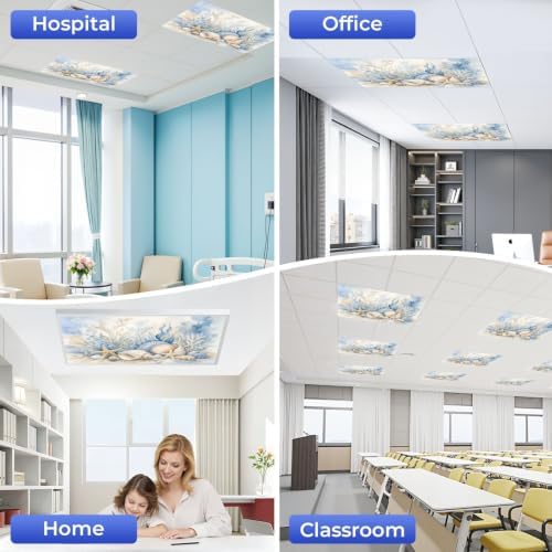4 Pcs Fluorescent Light Covers for Ceiling Lights beige shells stars pebbles Magnetic Light Filters Decorative for Classroom Office Hospital Home 4x2 Ft