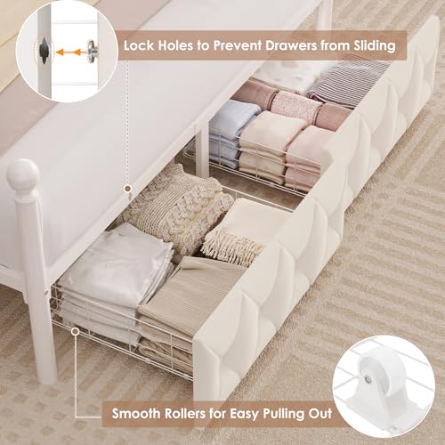 Full Size LED Canopy Bed Frame with Storage & Charging Station, Beige