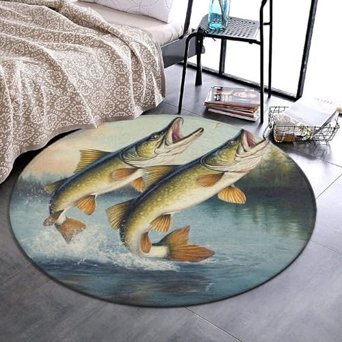Home Decor Non Slip Kitchen Office Circle Rug, Machine Washable Modern Round Area Rug, Room Sofa Yoga Soft Round Carpet Two Bass Fish Jumping Out of Water Painting, 60inch