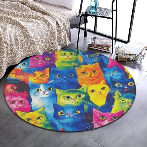 Highly Premium Quality Floor Mat, Office Chair Decor Mat, Room Sofa Yoga Soft Round Carpet Colorful Cats Art, 60inch