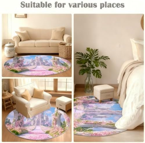 Princess Castle Round Area Rug - 3.3ft Floral Castle Round Rug for Kitchen, Dreamy Theme Circle Rugs Washable Soft Non-Slip Carpet for Bathroom Kitchen Decor Mat