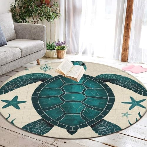 Large Home Decor Mat, Soft Round Yoga Carpet, Non Slip Machine Washable Home Office Circle Rug Vintage Ocean Animal Theme Sea Turtle