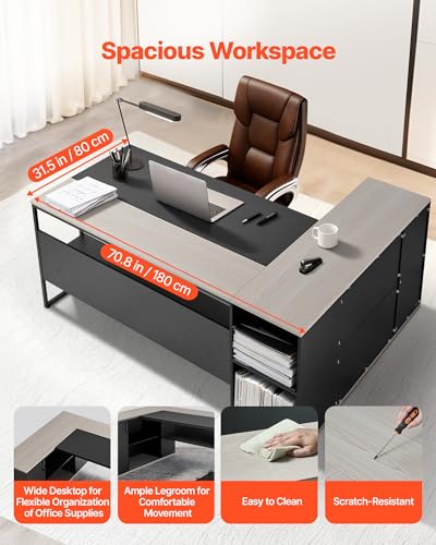 71" L-Shaped Executive Desk, Large Computer Desk with Drawers, File Storage Cabinet, CPU Stand, 350 LBS Load Capacity Corner Table, Easy Assembly, for Work Study