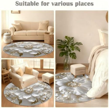 Floral Round Area Rug - 5ft Relief Floral Round Rug for Living Room, Modern Luxury Circle Rugs Washable Soft Non-Slip Carpet for Bathroom Bedside Sofa Coffee Table Decor Mat