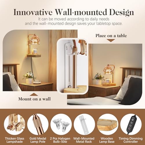 Candle Warmer Lamp with Timer Dimmer, Modern Wax Warmer for Scented Wax Jar Candle Warmer with 2 Bulbs, Adjustable Height Glass Lamp for Gifts for Women, Home Decor, Gold Amber