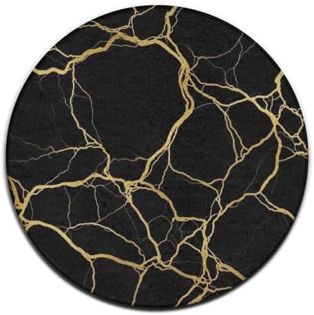 Men's Large Home Decor Mat, Soft Round Yoga Carpet, Non Slip Machine Washable Home Office Circle Rug Black Marble Gold Texture Art, 36inch