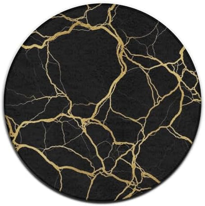 Men's Large Home Decor Mat, Soft Round Yoga Carpet, Non Slip Machine Washable Home Office Circle Rug Black Marble Gold Texture Art, 36inch