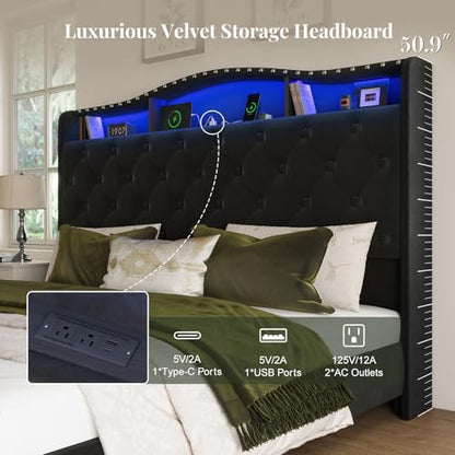 Queen Size Platform Bed Frame with 50.9" LED Headboard, Black