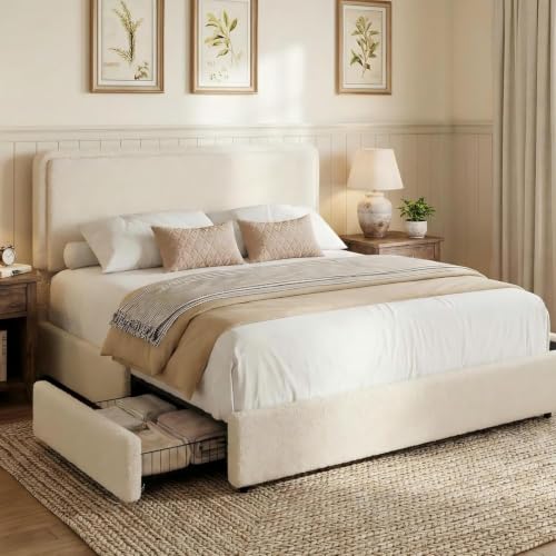 Queen Size Bed Frame with 2 Storage Drawer, Cream Beige