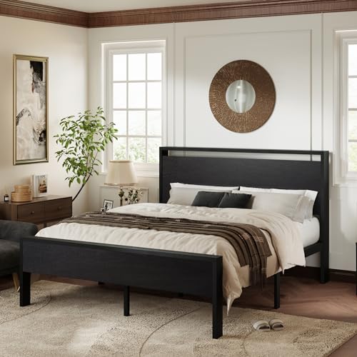 Full Size Bed Frame, Heavy Duty 12 Metal Slats Support, Black Oak