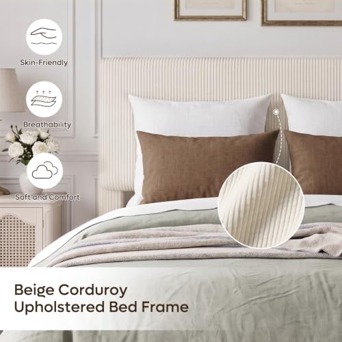 Queen Bed Frame with Headboard LED Lighting,Upholstered,Beige