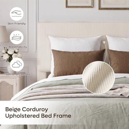 Queen Bed Frame with Headboard LED Lighting,Upholstered,Beige
