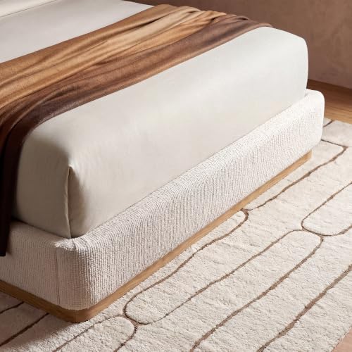 Queen Bed Frame, Upholstered Platform Bed Frame with Large Curved Headboard & 2 Floating Shelves, Noise-Free, No Box Spring Needed, Easy Assembly, Beige