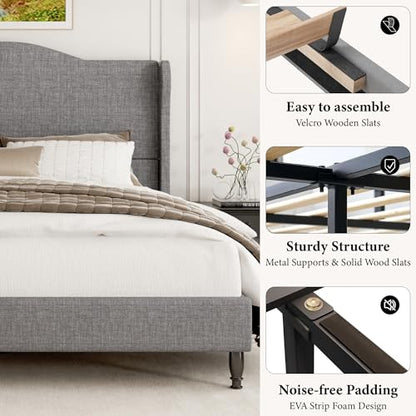 Queen Size Upholstered Platform Bed Frame, Light Grey