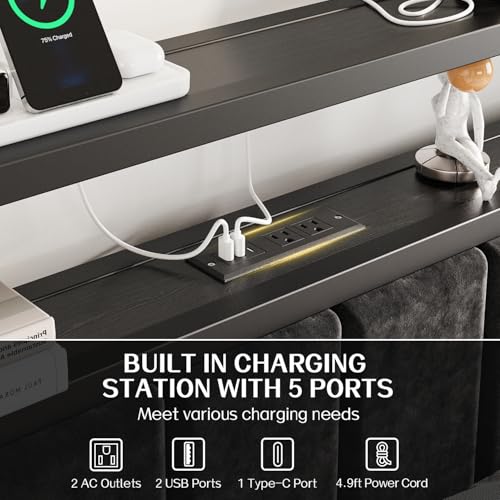 King Bed Frame with Charging Station & LED Lights, Modern Platform Bed with Upholstered Storage Headboard, No Box Spring Needed Noise Free
