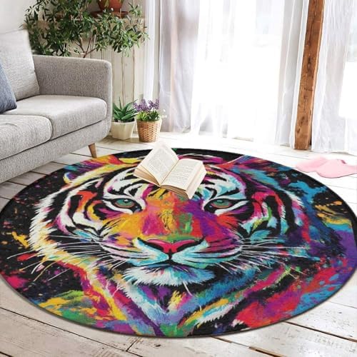Machine Washable Modern Round Area Rug, Room Sofa Yoga Soft Round Carpet, Home Decor Non Slip Kitchen Office Circle Rug Colorful Splash Ink King of Tiger Art, 60inch