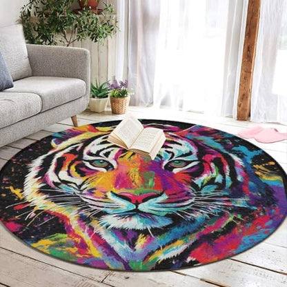 Machine Washable Modern Round Area Rug, Room Sofa Yoga Soft Round Carpet, Home Decor Non Slip Kitchen Office Circle Rug Colorful Splash Ink King of Tiger Art, 60inch