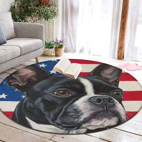 Room Sofa Yoga Soft Round Carpet, Home Decor Non Slip Kitchen Office Circle Rug, Machine Washable Modern Round Area Rug American US Flag Boston Terrier, 24inch