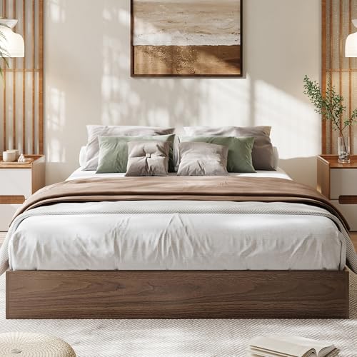 Queen Platform Bed Frame, No Headboard, Walnut Engineered Wood