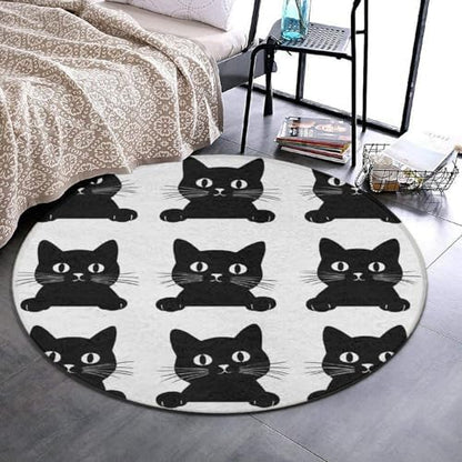 Large Machine Washable Circular Rugs, Home Decor Round Mat for Living Room Sofa Office Black Cat