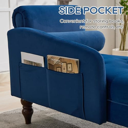 Chaise Lounge Chair Indoor with Right Armrest, Velvet, Blue