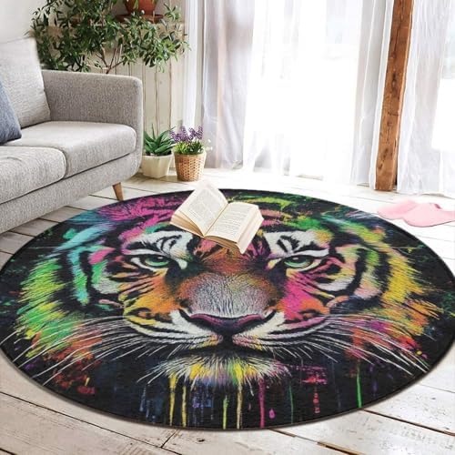 Large Round Area Rug Home Decor Modern Bathroom Rug Kitchen Office Circle Rug for Living Room Sofa Circle Cute Mat Colorful Tiger, 60inch