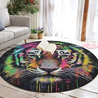 Large Round Area Rug Home Decor Modern Bathroom Rug Kitchen Office Circle Rug for Living Room Sofa Circle Cute Mat Colorful Tiger, 60inch