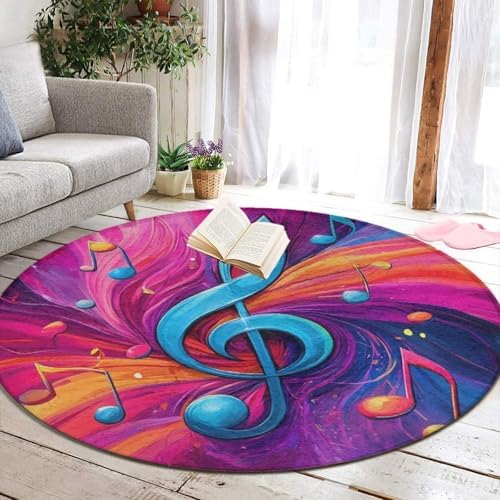 Room Sofa Yoga Soft Round Carpet, Home Decor Non Slip Kitchen Office Circle Rug, Machine Washable Modern Round Area Rug Abstract Music Notes Art, 60inch