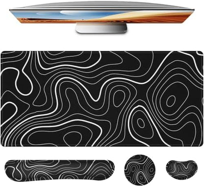 4 in 1 Large Mouse Pad,Keyboard Wrist Rest Set,Desk Mat with Stitched Edges Thicken Desk Pad,Wrist Support for Keyboard and Mouse,Desk Mat for Home Office Game(Black Marble)