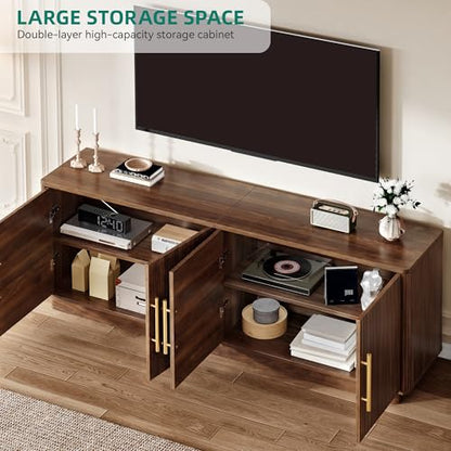 70" TV Stand for up to 80" TVs with 4 Fluted Doors, Natural Oak
