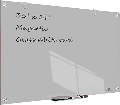 TSJ OFFICE Glass Dry-Erase Board - 36 x 24 Inches Wall Mounted Magnetic Whiteboard, Large Frameless Glass White Board for Office, Home & School, Gray