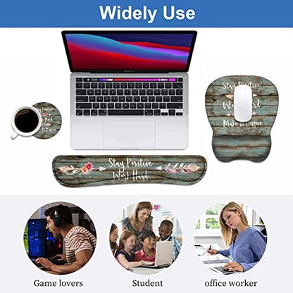 Mouse Pad Wrist Support and Keyboard Wrist Rest Set with Coasters, Inspirational Quote Stay Positive Work Hard and Make It Happen Non-Slip PU Base Ergonomic Mousepad for Home Office Working Studying