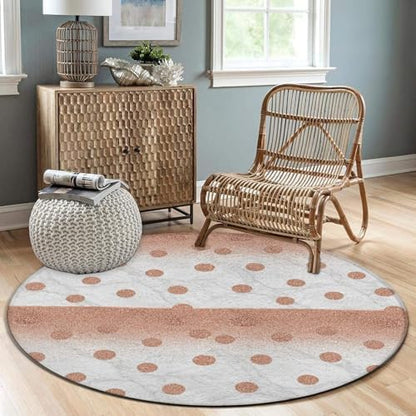 Large Machine Washable Circular Rugs, Home Decor Round Mat for Living Room Sofa Office Modern Rose Gold Pink Glitter Dots White Marble, 60inch