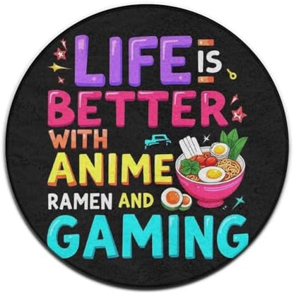 Women's Large Home Decor Mat, Soft Round Yoga Carpet, Non Slip Machine Washable Home Office Circle Rug Life is Better with Anime Ramen Gaming